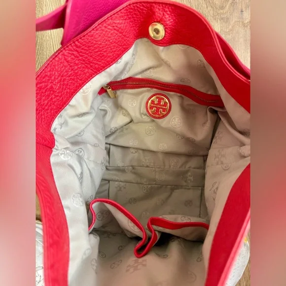 TORY BURCH Stacked T Hobo Bag Red & Fuchsia EUC - Picture 6 of 8